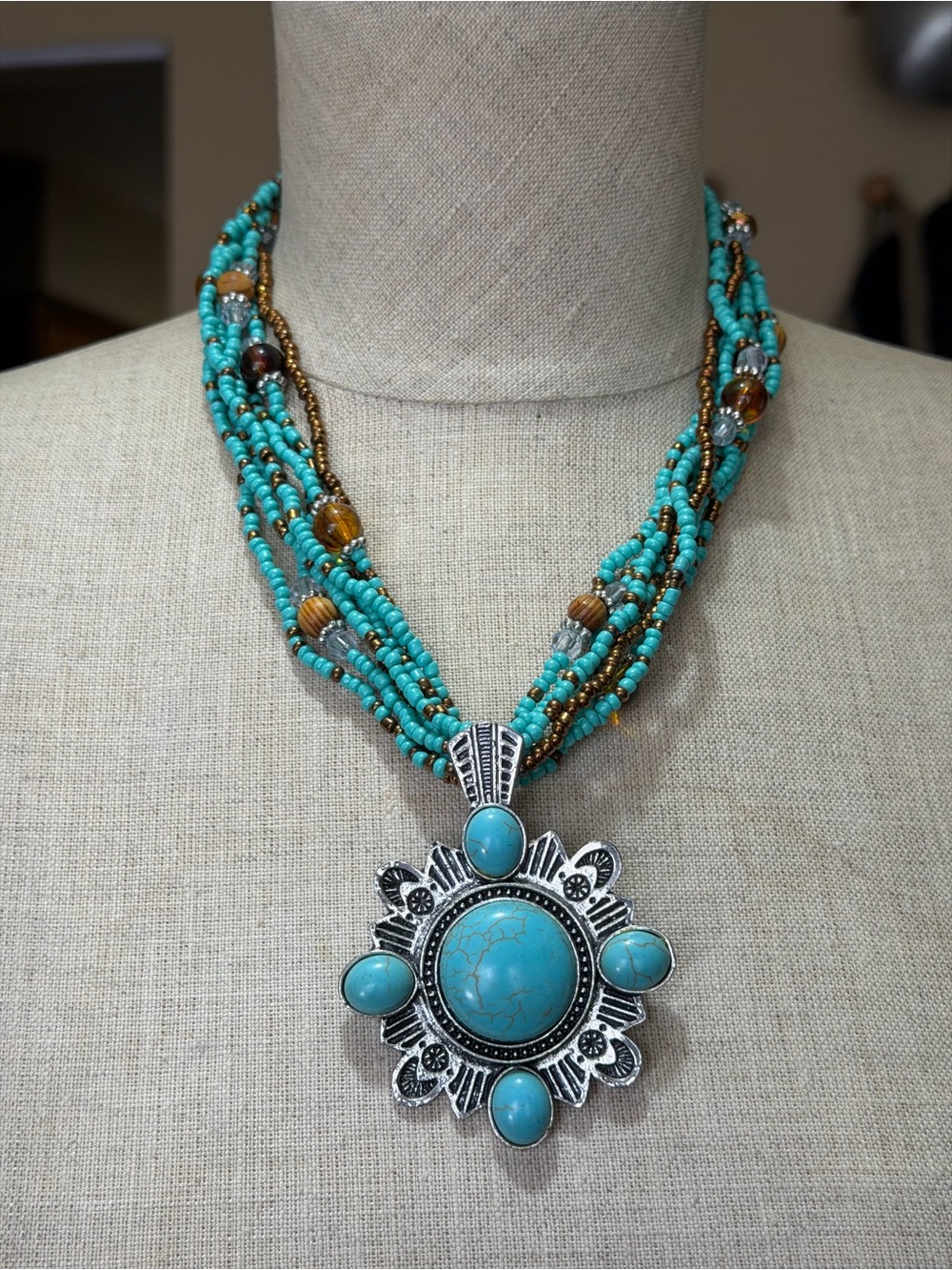 Boho Turquoise Multi-Strand Seed Bead Statement Necklace with Sunburst Pendant